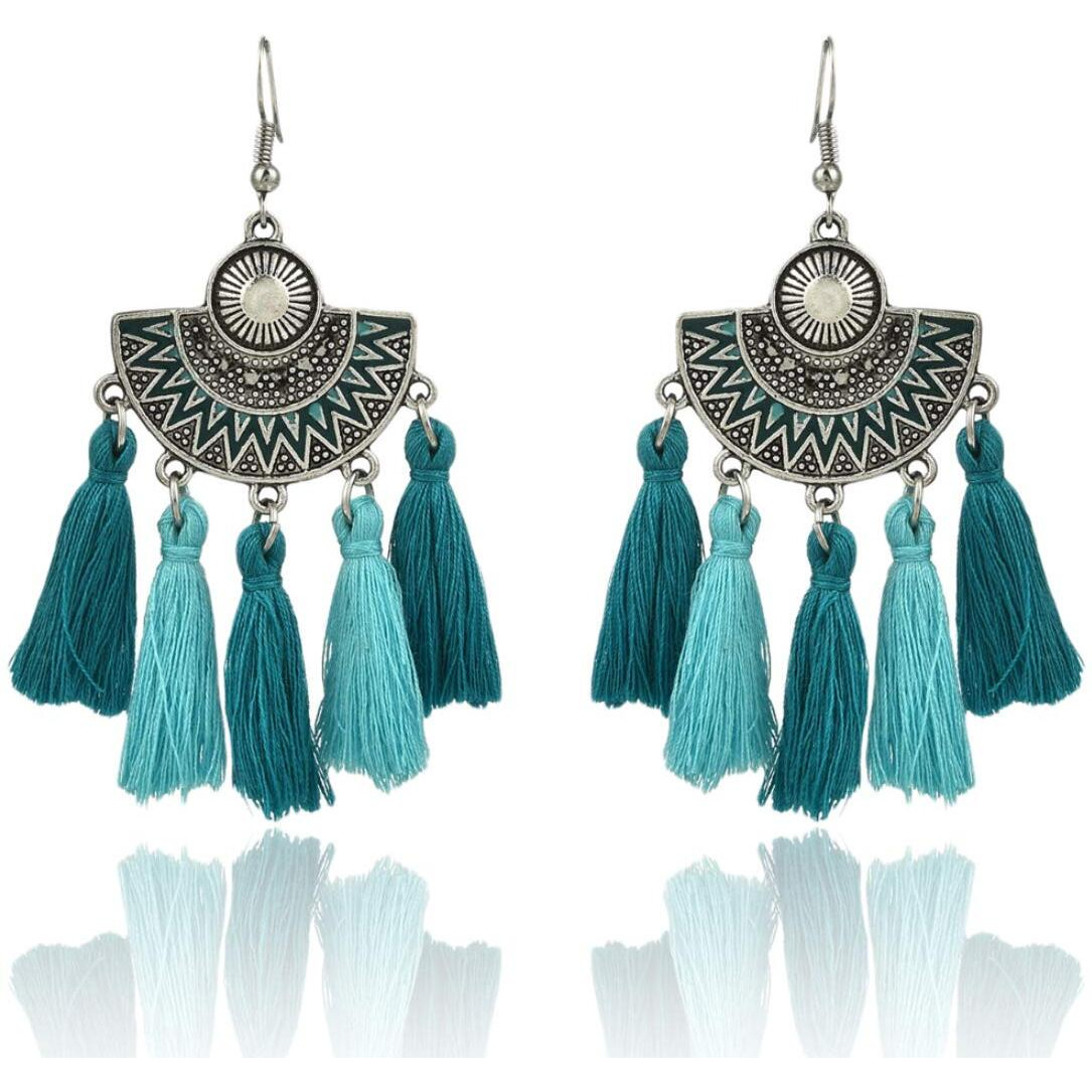 Yellow Chimes Green Danglers Earrings for Women Silver Oxidised Earrings for Girls Fashion Women Earrings | Ethnic Fusion Tassel Dangler Earrings | Birthday Gift For Girls Anniversary Gift for Wife