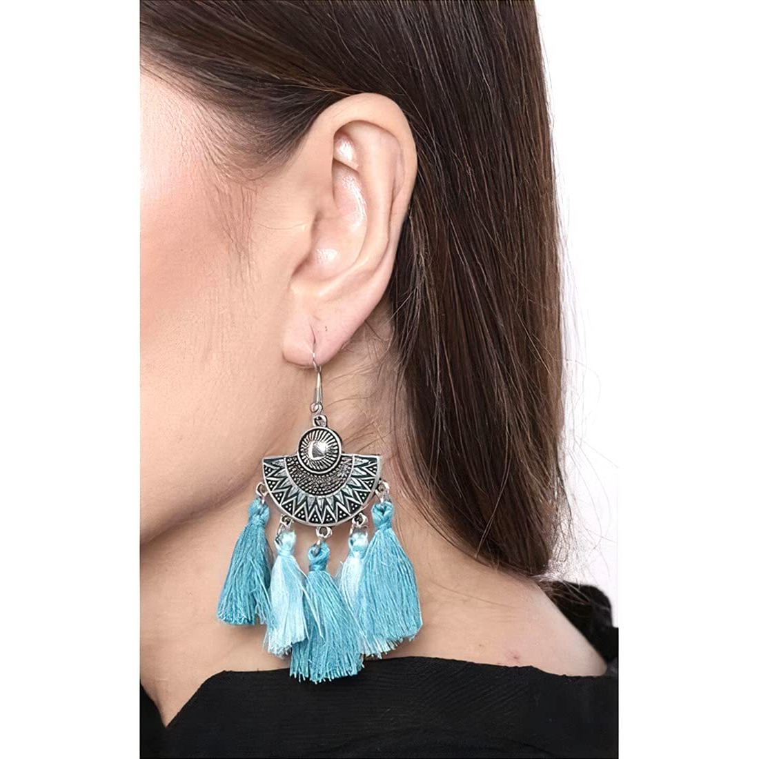Yellow Chimes Green Danglers Earrings for Women Silver Oxidised Earrings for Girls Fashion Women Earrings | Ethnic Fusion Tassel Dangler Earrings | Birthday Gift For Girls Anniversary Gift for Wife
