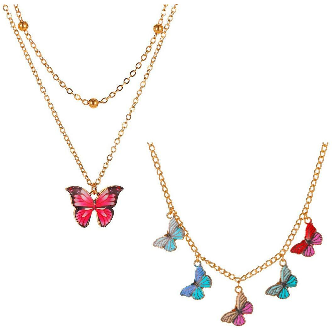 Yellow Chimes Choker Necklace for Women 2 Pcs Combo Butterfly Chain Choker Necklace for Girls Gold Plated Multicolor Layered Choker Necklace for Women and Girls