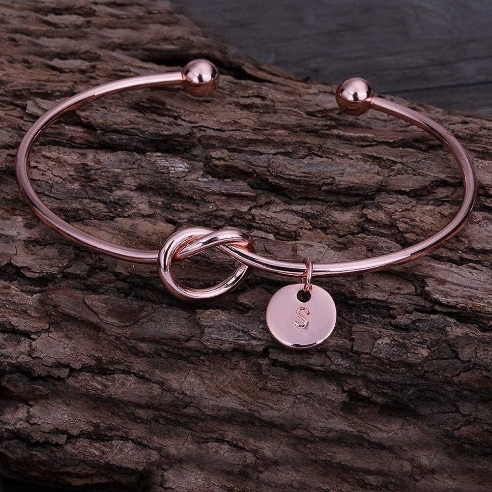 Yellow Chimes Bracelet for Women Charming Knot Heart Alphabet Letters S Initial Rose Gold Plated Cuff Bangle Best Gift Love Proposal Bracelet for Women and Girls.