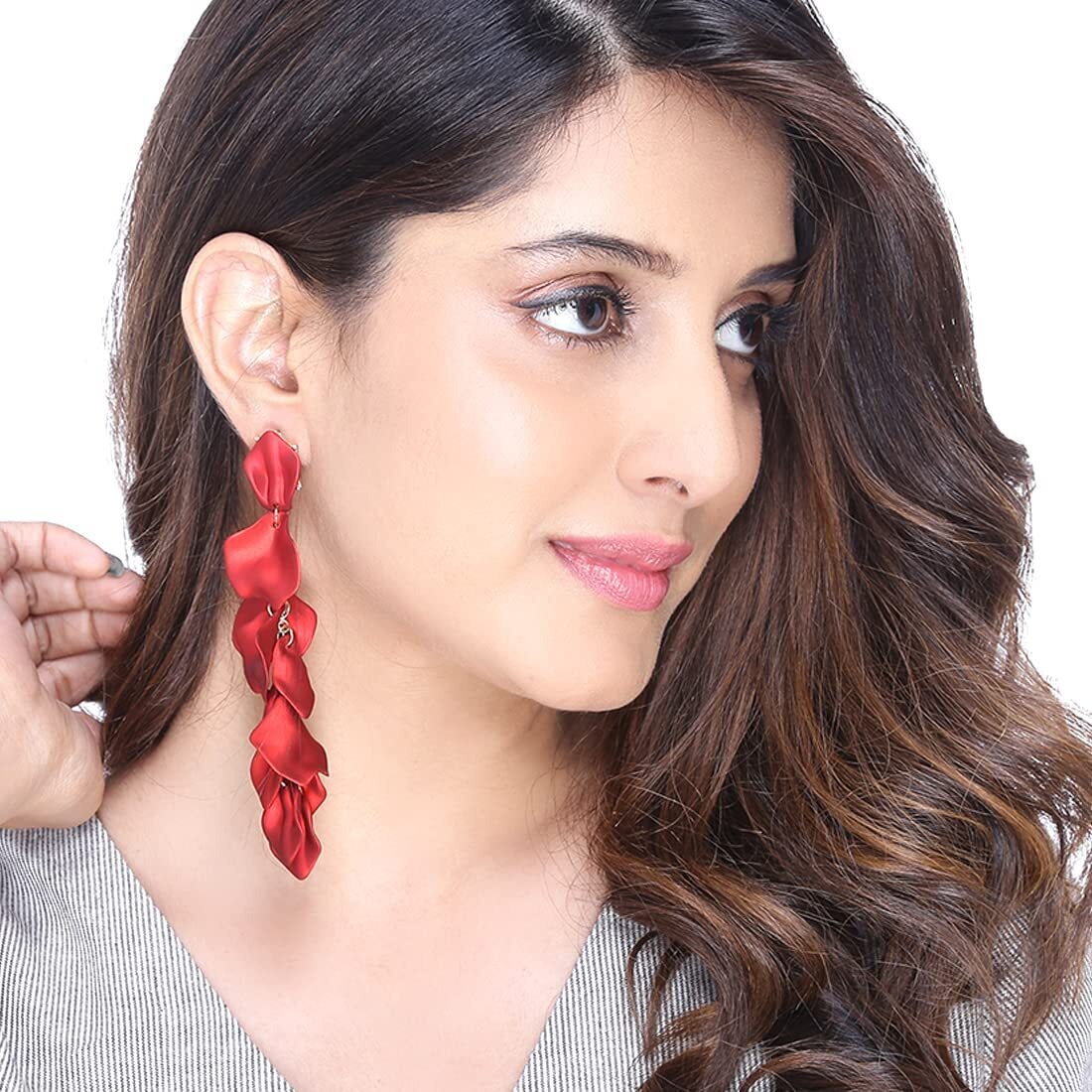 Yellow Chimes Red Danglers Earrings for Women | Gold Plated Earrings for Girls | Fashion Women Earrings | Floral Petals Long Dangler Earrings | Birthday Gift For Girls Anniversary Gift for Wife