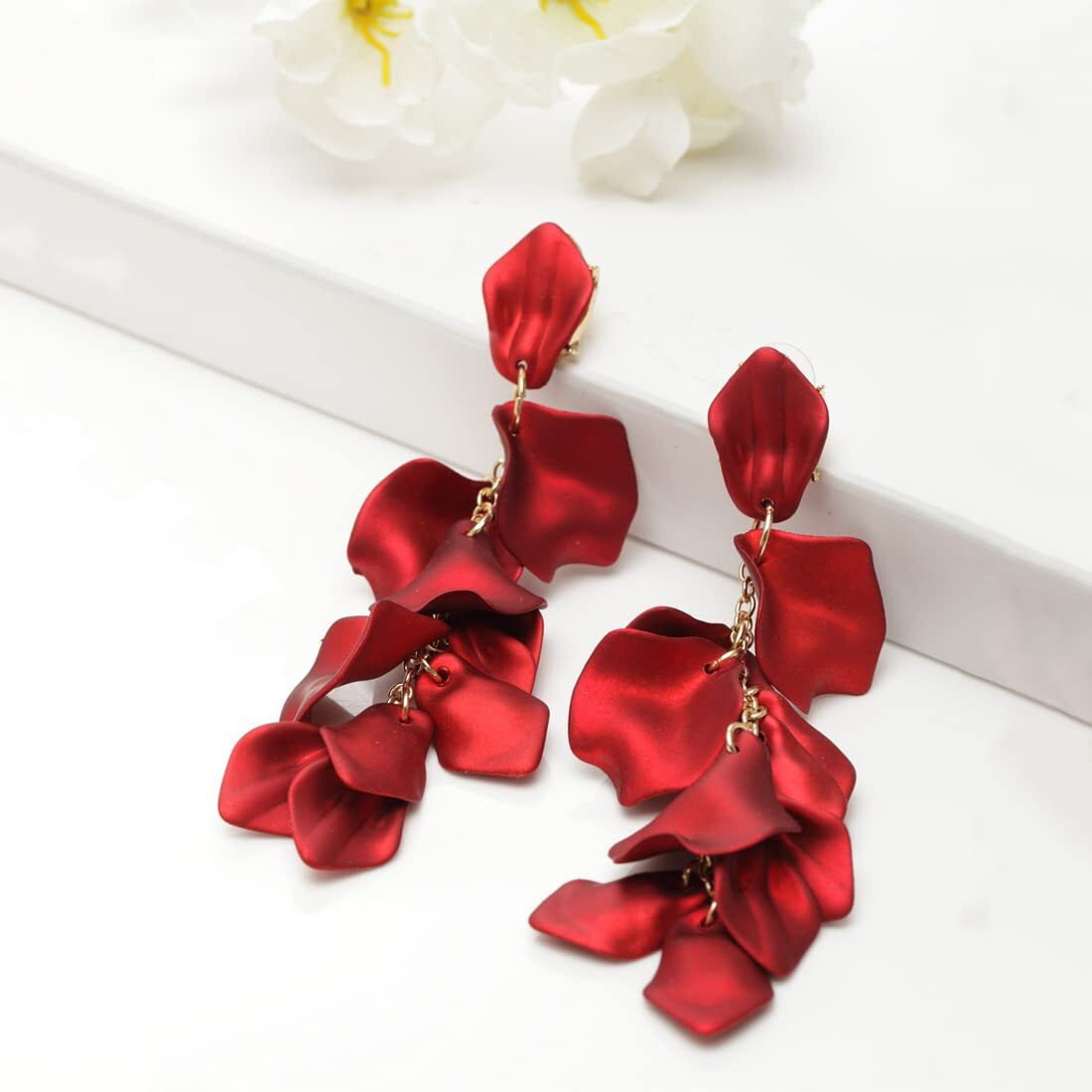 Yellow Chimes Red Danglers Earrings for Women | Gold Plated Earrings for Girls | Fashion Women Earrings | Floral Petals Long Dangler Earrings | Birthday Gift For Girls Anniversary Gift for Wife