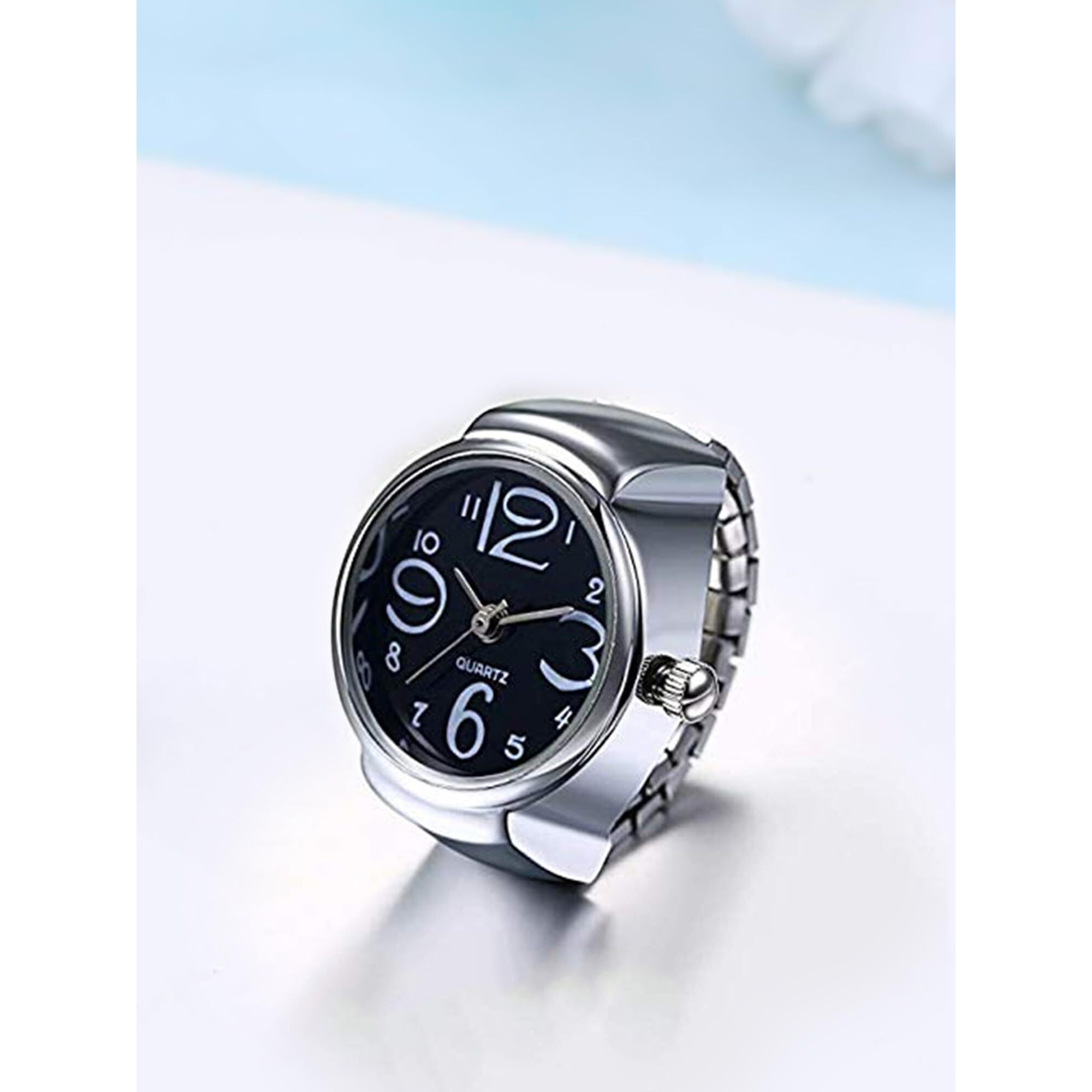 Yellow Chimes Rings for Women Stainless Steel Black Dial Analog Watch Ring Stretchable Ring Watch for Women and Girls.