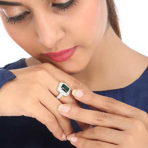 Yellow Chimes Emerald Square Studded Cubic Zirconia Stylish Silver Plated Copper Rings for Women Valentine Gift for Girls