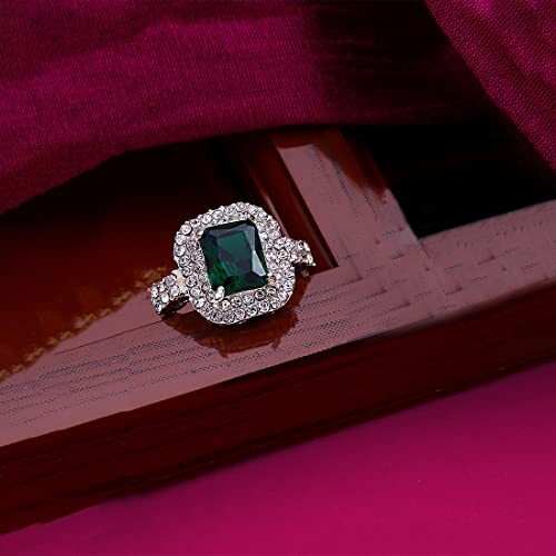 Yellow Chimes Emerald Square Studded Cubic Zirconia Stylish Silver Plated Copper Rings for Women Valentine Gift for Girls