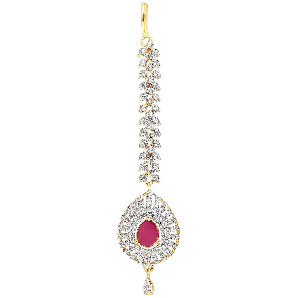 Yellow Chimes Maang Tikka for Women American Diamond Maang Tikka Gold Plated High Grade Authentic White AD Jewellery Maang Tikka for Women and Girls