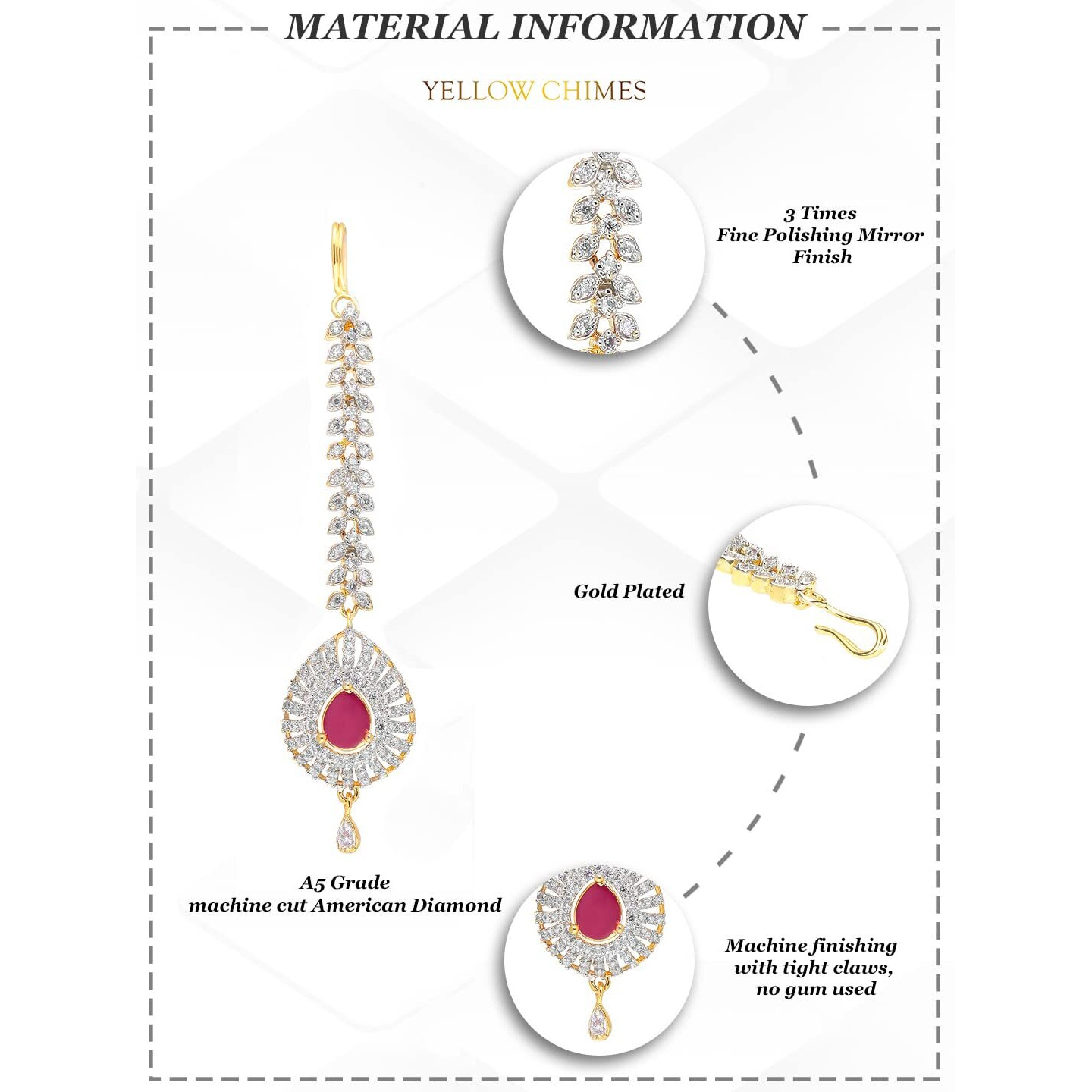 Yellow Chimes Maang Tikka for Women American Diamond Maang Tikka Gold Plated High Grade Authentic White AD Jewellery Maang Tikka for Women and Girls