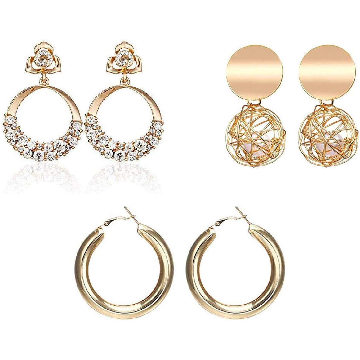 Yellow Chimes Drop Earrings for Women 3 Pairs Combo Golden Earrings Geometric Shapes Gold Plated Hoop Earrings for Women and Girls