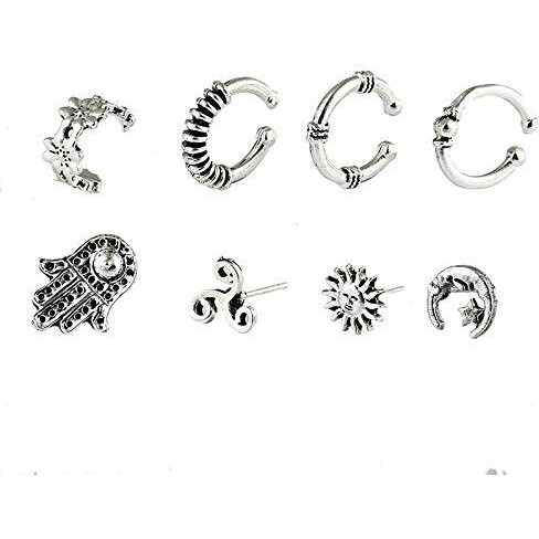 Yellow Chimes Ear Cuffs for Women Combo of 8 Pcs Earcuffs Womens Oxidised Silver Bohemian Mismatch Fashion Ear Stud Earrings For Women and Girls