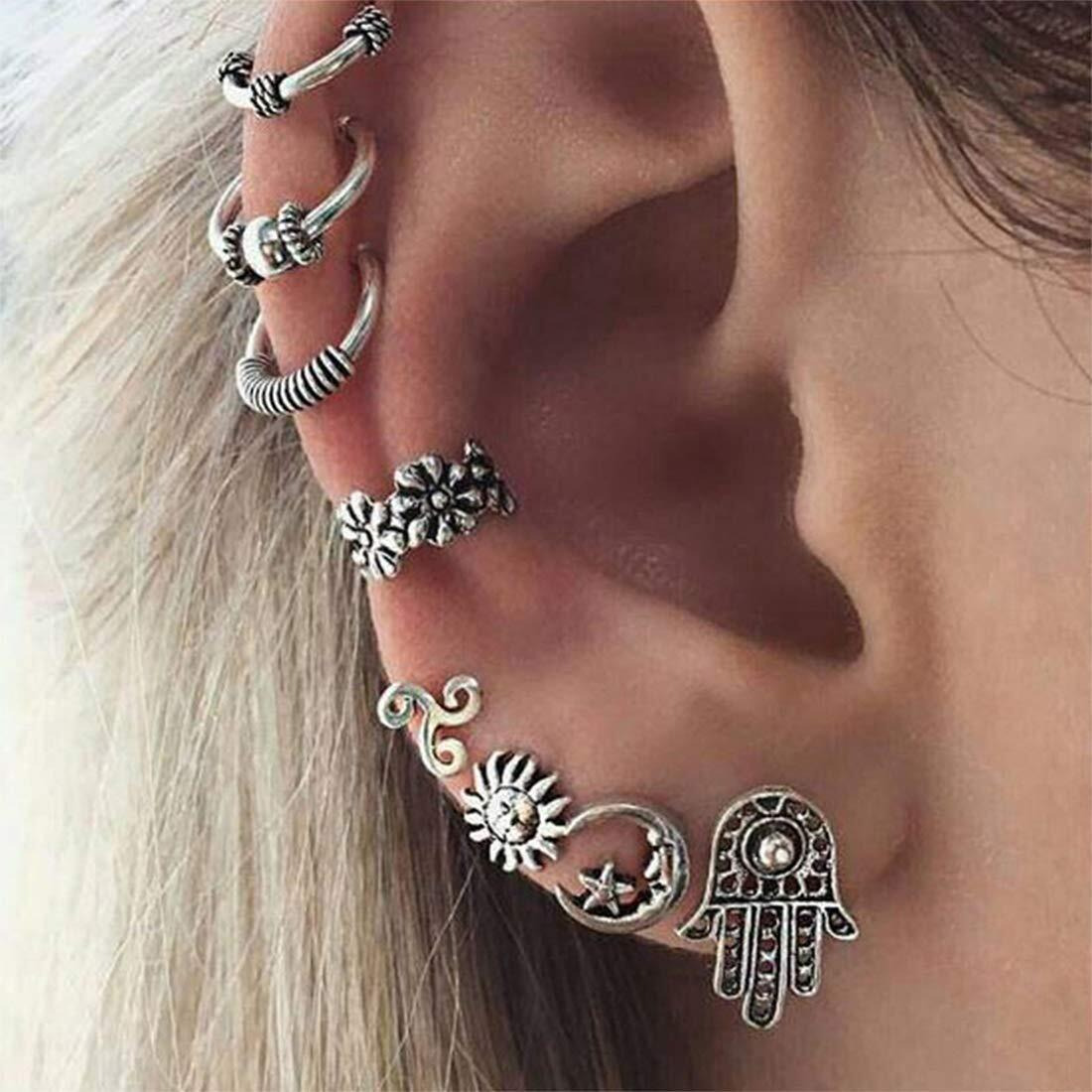 Yellow Chimes Ear Cuffs for Women Combo of 8 Pcs Earcuffs Womens Oxidised Silver Bohemian Mismatch Fashion Ear Stud Earrings For Women and Girls