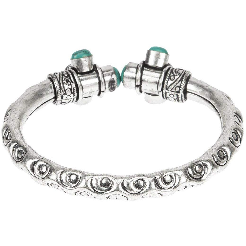 Yellow Chimes Oxidised Silver Bracelet for Men Turquoise Green Tribal Stone Silver Oxidised Kadaa Bangle Bracelet for Women and Girls