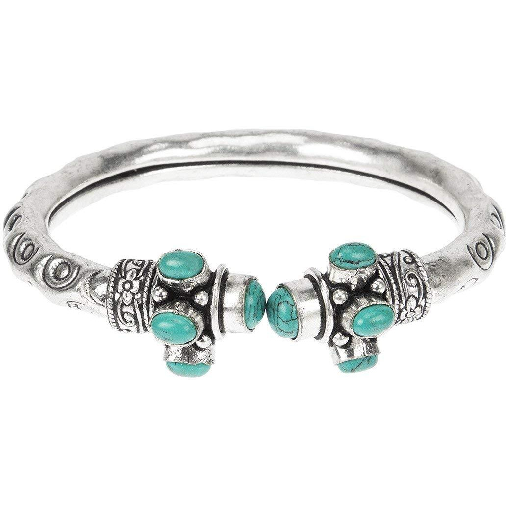 Yellow Chimes Oxidised Silver Bracelet for Men Turquoise Green Tribal Stone Silver Oxidised Kadaa Bangle Bracelet for Women and Girls