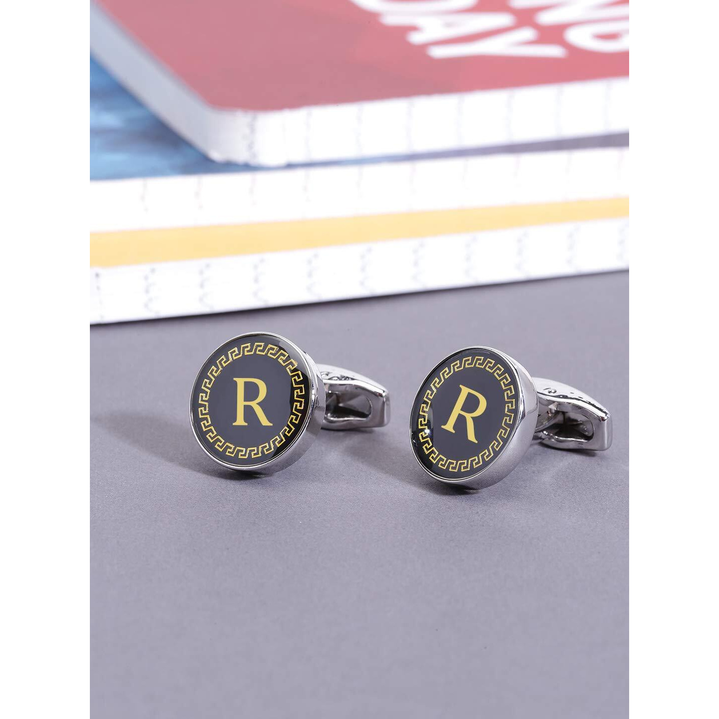 Yellow Chimes Cufflinks for Men Alphabet Cuff links Letter R Statement Stainless Steel Cufflinks for Men and Boys