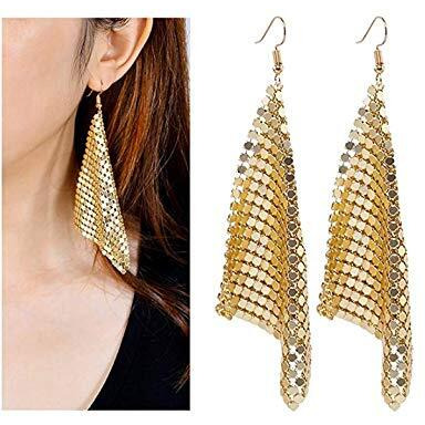Yellow Chimes Danglers Earrings for Women | Golden Earrings for Girls | Fashion Women Earrings | Metallic Mesh Grid Sequins Long Dangler Earrings | Birthday Gift For Girls Anniversary Gift for Wife