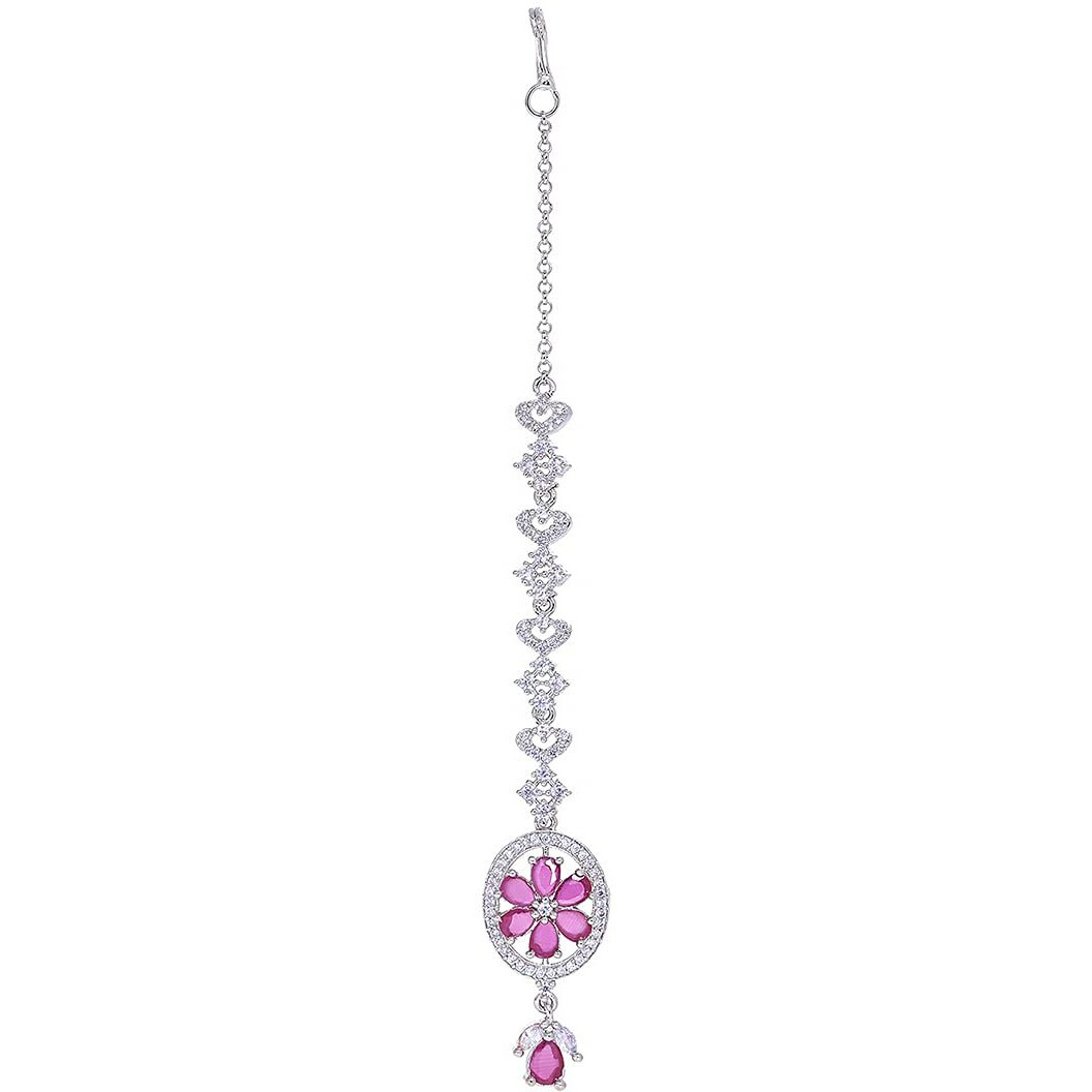 Yellow Chimes American Diamond Maang Tikka for Women Rhodium Plated Crystal Pink High Grade Authentic AD Jewellery Maang Tikka for Women and Girls