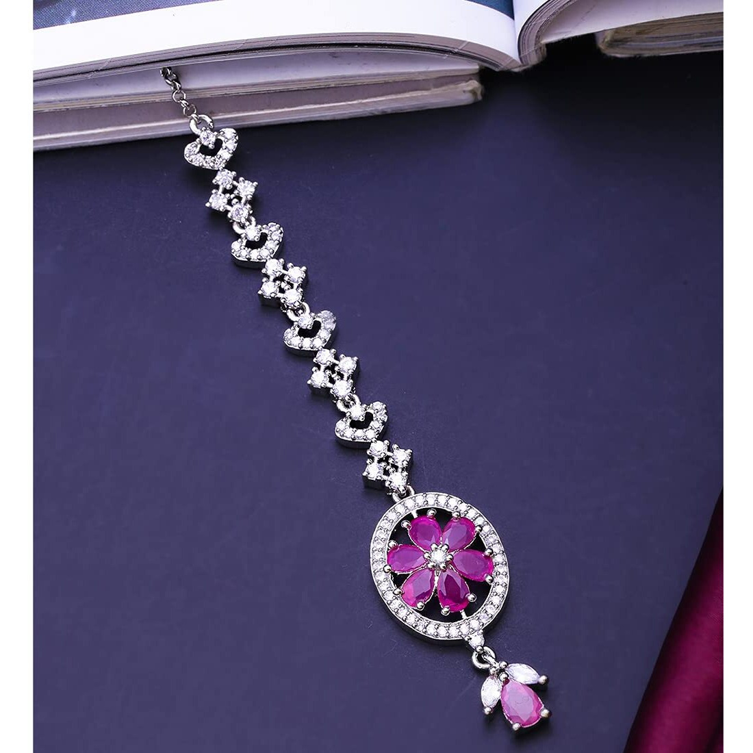 Yellow Chimes American Diamond Maang Tikka for Women Rhodium Plated Crystal Pink High Grade Authentic AD Jewellery Maang Tikka for Women and Girls