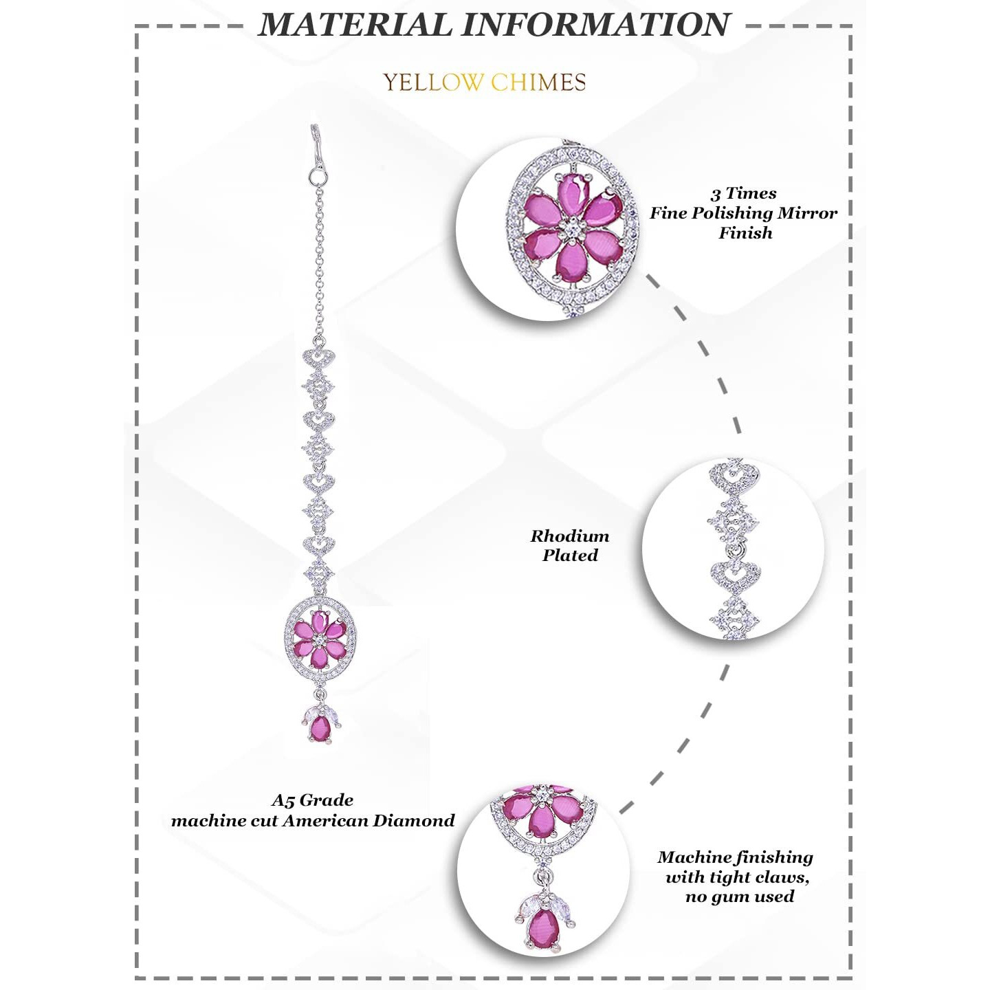 Yellow Chimes American Diamond Maang Tikka for Women Rhodium Plated Crystal Pink High Grade Authentic AD Jewellery Maang Tikka for Women and Girls