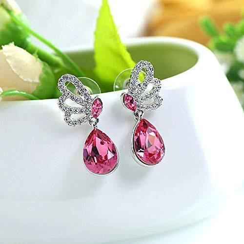 Yellow Chimes Earrings for Women & Girls | Fashion Sparkling Pink & White Crystal Drop| Silver Toned Butterfly Shaped Western Drop Earrings | Birthday Gifts For Women Valentine Gift for Girls Girls