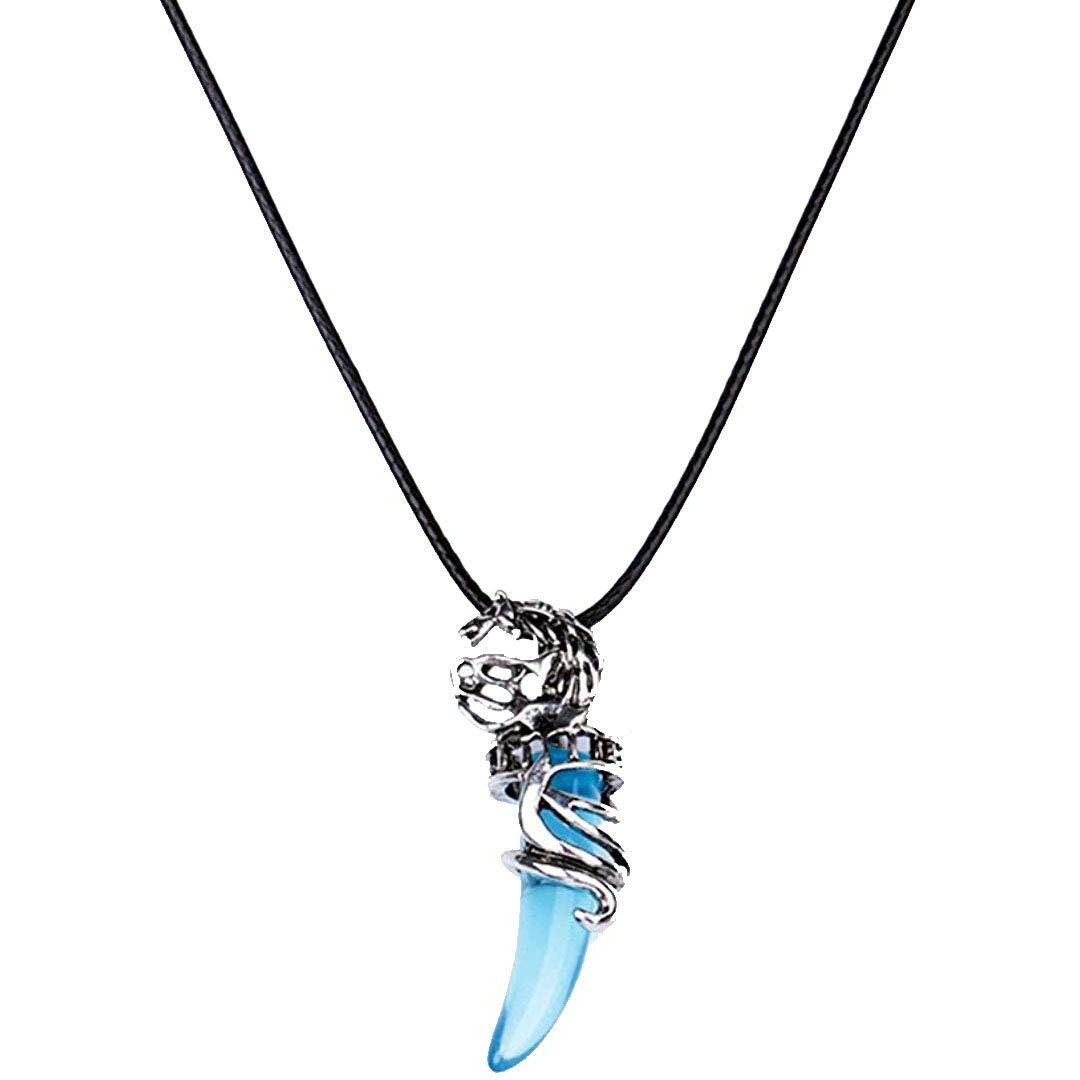 Yellow Chimes Pendant for Men Vintage Blue Crystal Men Pendant Wolf Tooth Retro Style Evil Spirits Leather Pendant for Men and Boys.