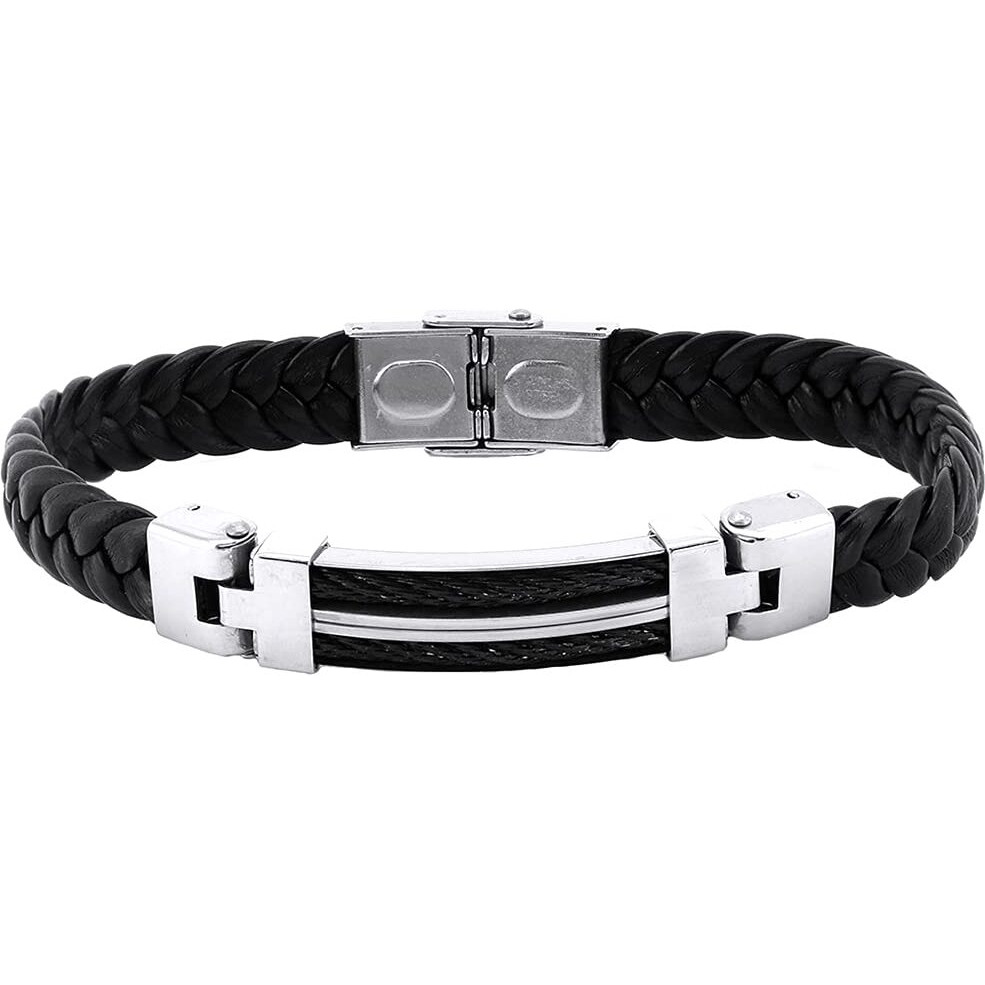 Yellow Chimes Leather Bracelet for Men Black Wrist Bracelet Stainless Steel Black Leather Bracelet for Men and Boys.