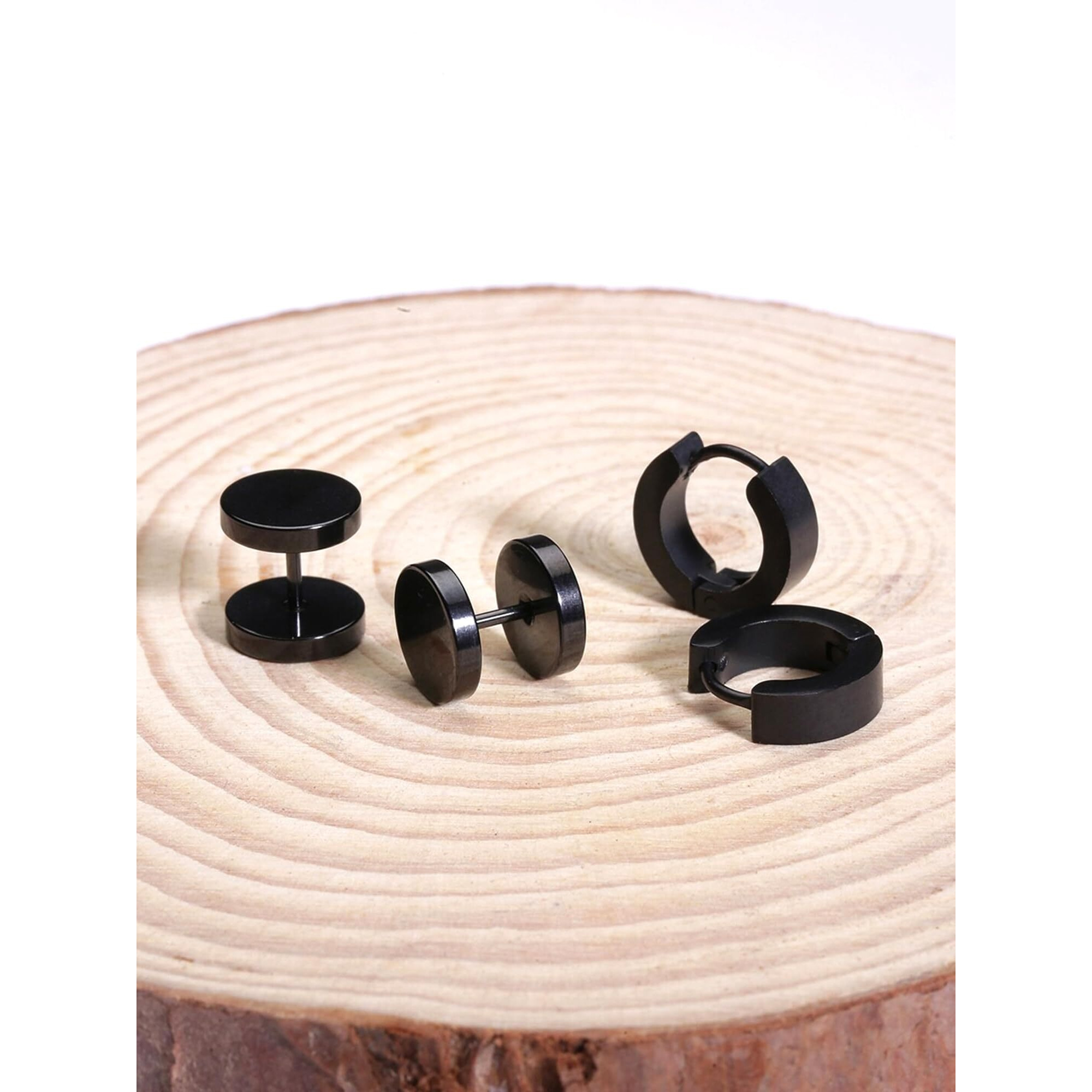 Yellow Chimes Stud Earrings for Men Combo of 2 Pairs Stainless Steel Dumbbell Black Stud Hoops Earrings for Men and Women