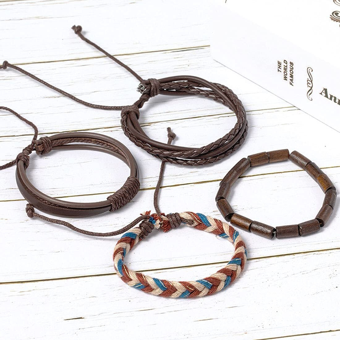 Yellow Chimes Leather Bracelet for Men 4 Pcs Combo PU Leather Brown Wrap Bracelet for Men and Women.