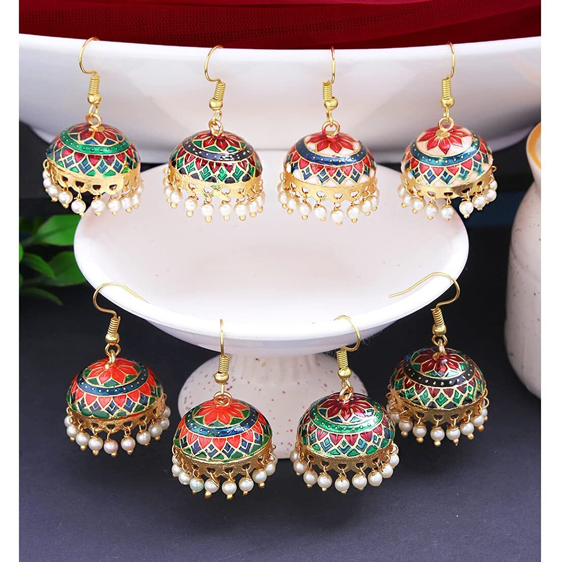 Yellow Chimes Meenakari Jhumka Earrings for Women Combo of 4 Pairs Handcrafted Jaipur Rajasthani Style Traditional Jhumka/Jhumki Earrings for Women and Girls