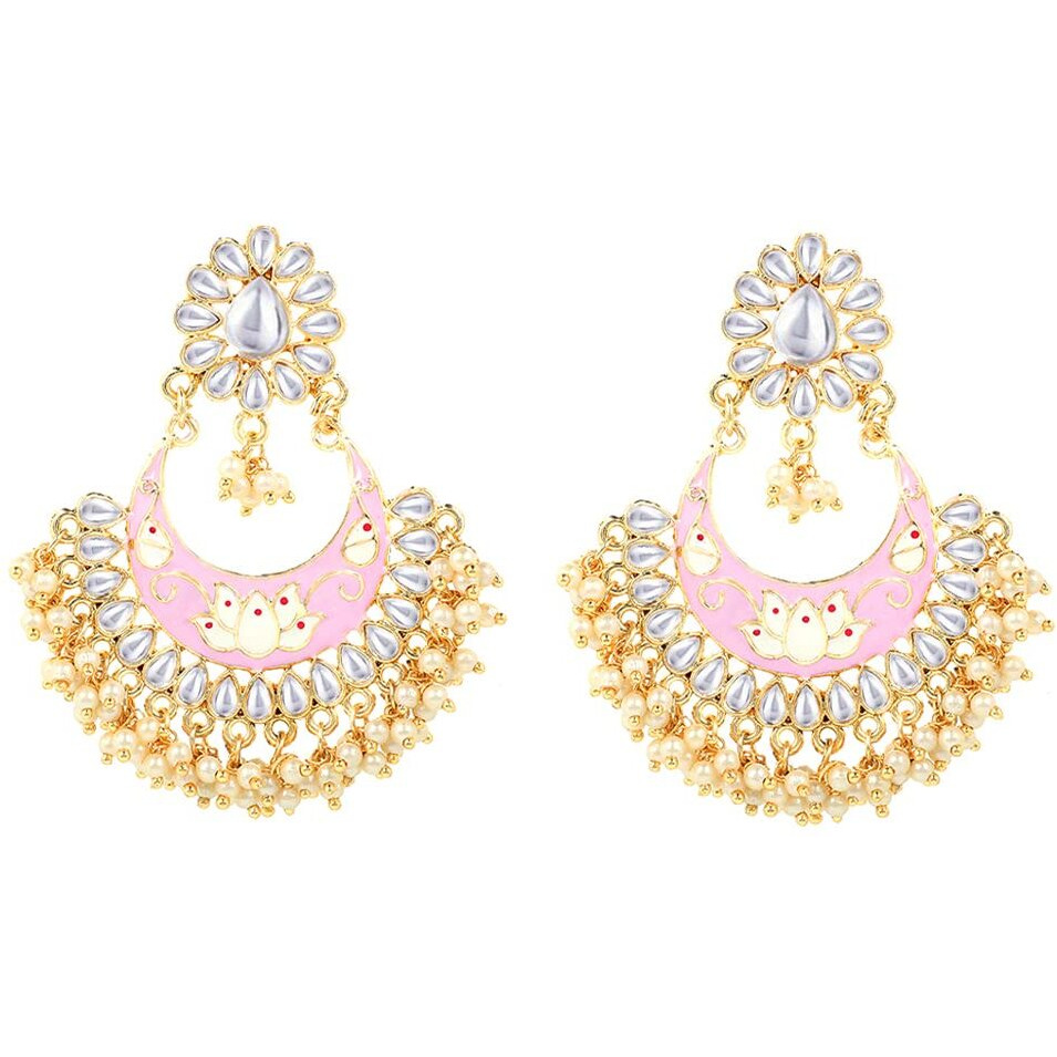 Yellow Chimes Chandbali Earrings for Women Ethnic Gold Plated Traditional Moti Beads Pink Meenakari Chand bali Earrings for Women and Girls