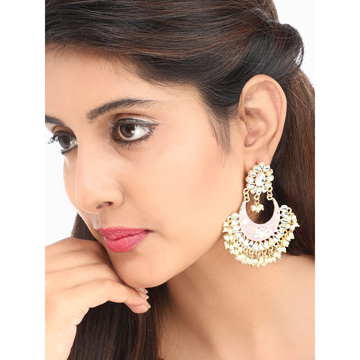 Yellow Chimes Chandbali Earrings for Women Ethnic Gold Plated Traditional Moti Beads Pink Meenakari Chand bali Earrings for Women and Girls