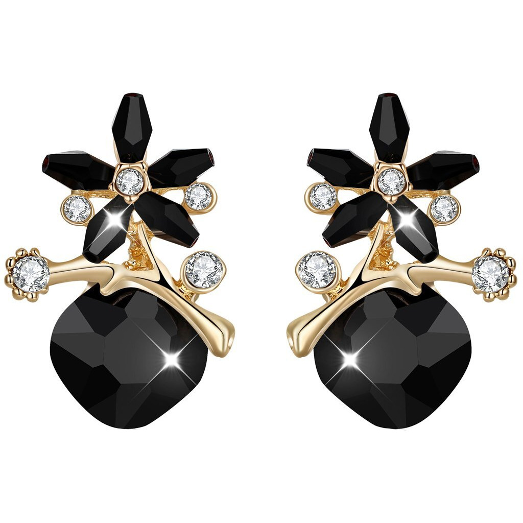 Yellow Chimes Stud Earrings for Women Black Crystal Stud Earrings Floral Shaped Gold Plated Fashion Studs for Women and Girls.