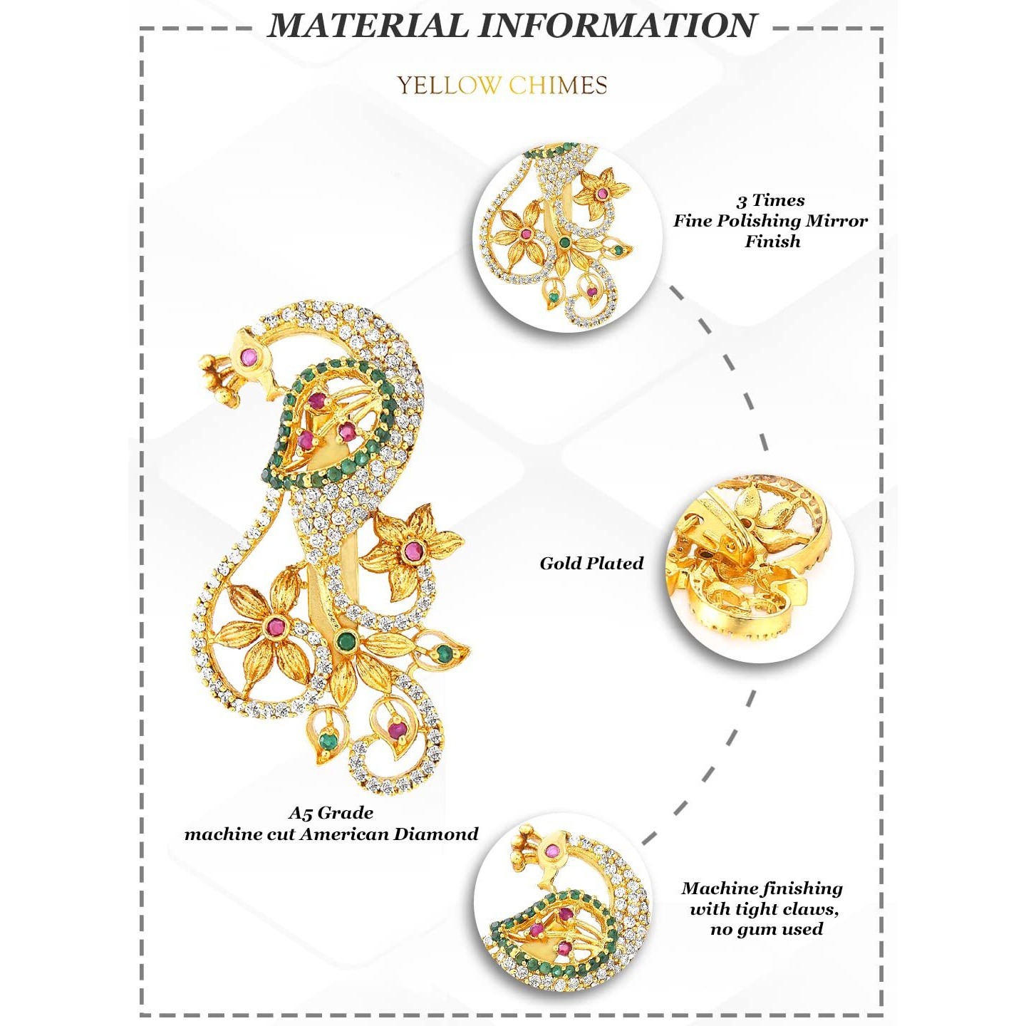 Yellow Chimes Brooch for Women Classic AD/American Diamond Brooch Pin Peacock Design Gold Plated Bridal Saree Pin for Women and Girls