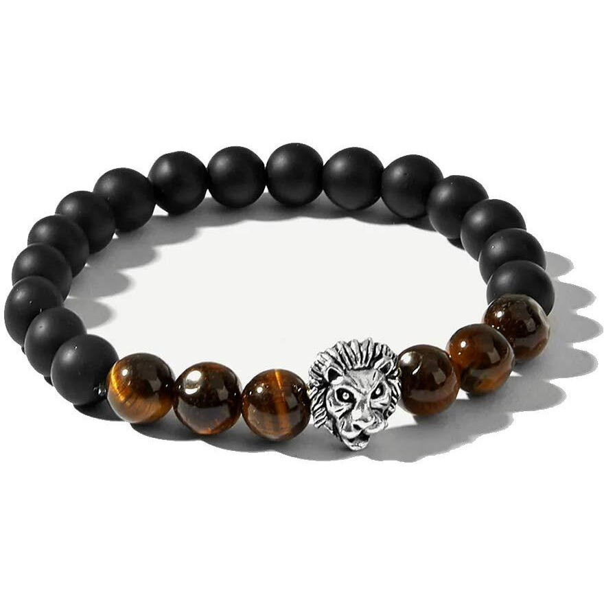 Yellow Chimes Beads Bracelet for Men Dvine Lion Head Natural Tigers Eye Stone Black Reiki Healing Stretchable Beads Bracelet for Men and Boys.