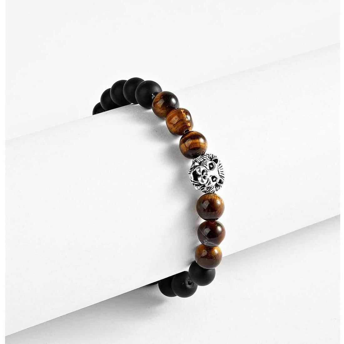 Yellow Chimes Beads Bracelet for Men Dvine Lion Head Natural Tigers Eye Stone Black Reiki Healing Stretchable Beads Bracelet for Men and Boys.