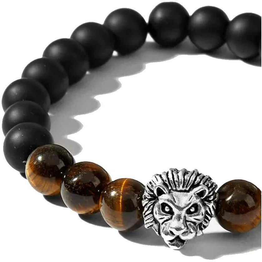 Yellow Chimes Beads Bracelet for Men Dvine Lion Head Natural Tigers Eye Stone Black Reiki Healing Stretchable Beads Bracelet for Men and Boys.