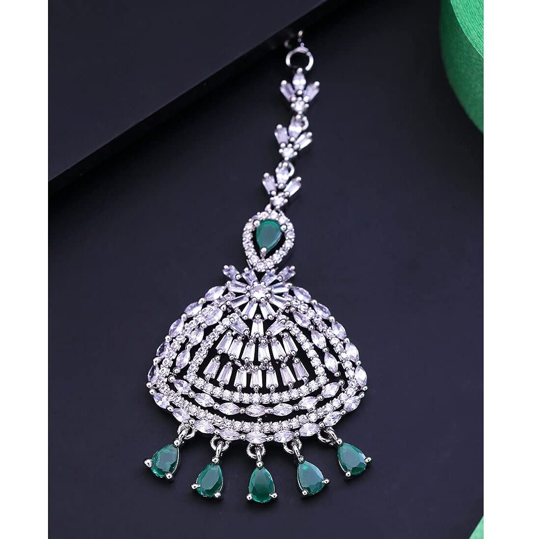 Yellow Chimes Maang Tikka for Women American Diamond Maang Tikka Rhodium Plated High Grade White AD Jewellery Maang Tikka for Women and Girls.