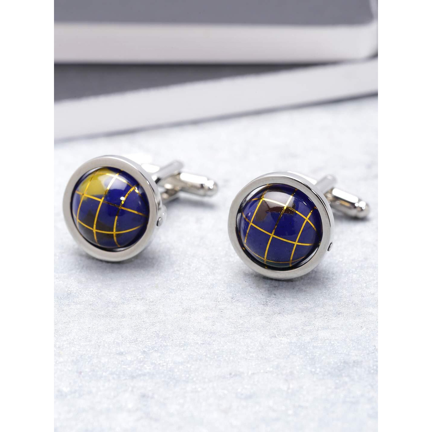 Yellow Chimes Cufflinks for Men and Boys Blue Cuff links | Formal Stainless Steel Unique Spin-Able Earth Globe Blue Cufflink | Birthday Gift for Men and Boys Anniversary Gift for Husband
