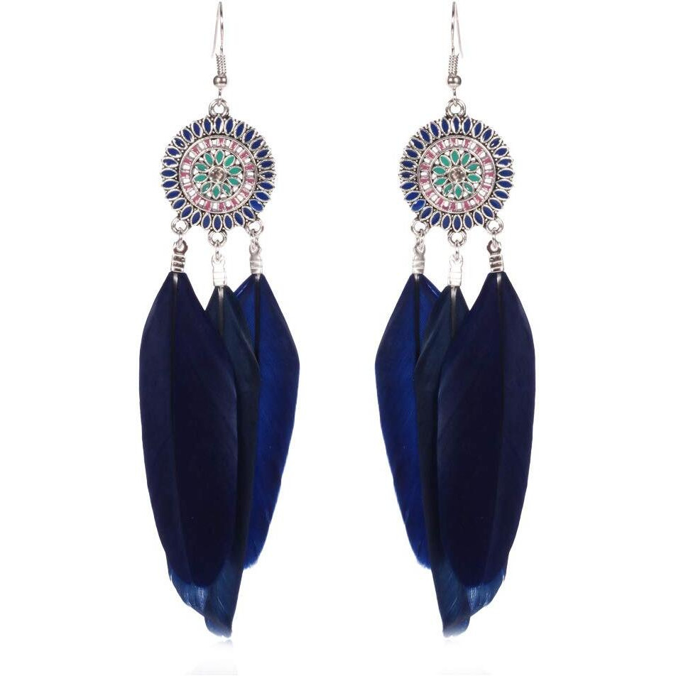 Yellow Chimes Danglers Earrings for Women | Blue Feather Silver Toned Earrings | Long Tassel Silver Plated Dangler Earrings | Birthday Gift for Girls & Women Anniversary Gift for Wife