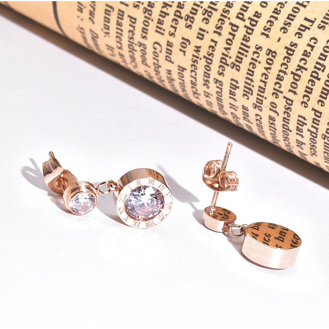 Yellow Chimes Crystal Earrings for Women Western Style Rose Gold Plated Stainless Steel Roman Numericals Engraved Crystal Drop Earrings for Women and Girls