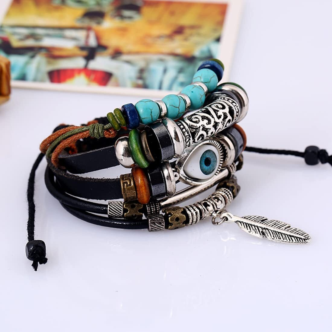 Yellow Chimes Evil Eye Wrap Collection Charm Bracelet for Men (Black)(YCFJBR-B31EVIL-BK)