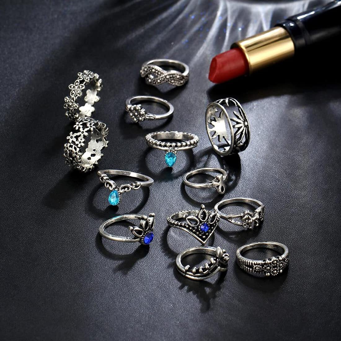 Yellow Chimes Rings for Women and Girls Fashion Aesthetic Ring Set Oxidised Silver Toned Aesthetic Rings Vintage Style Midi Finger 13 PCS Knuckle Rings Set | Birthday Gift For Girls & Women