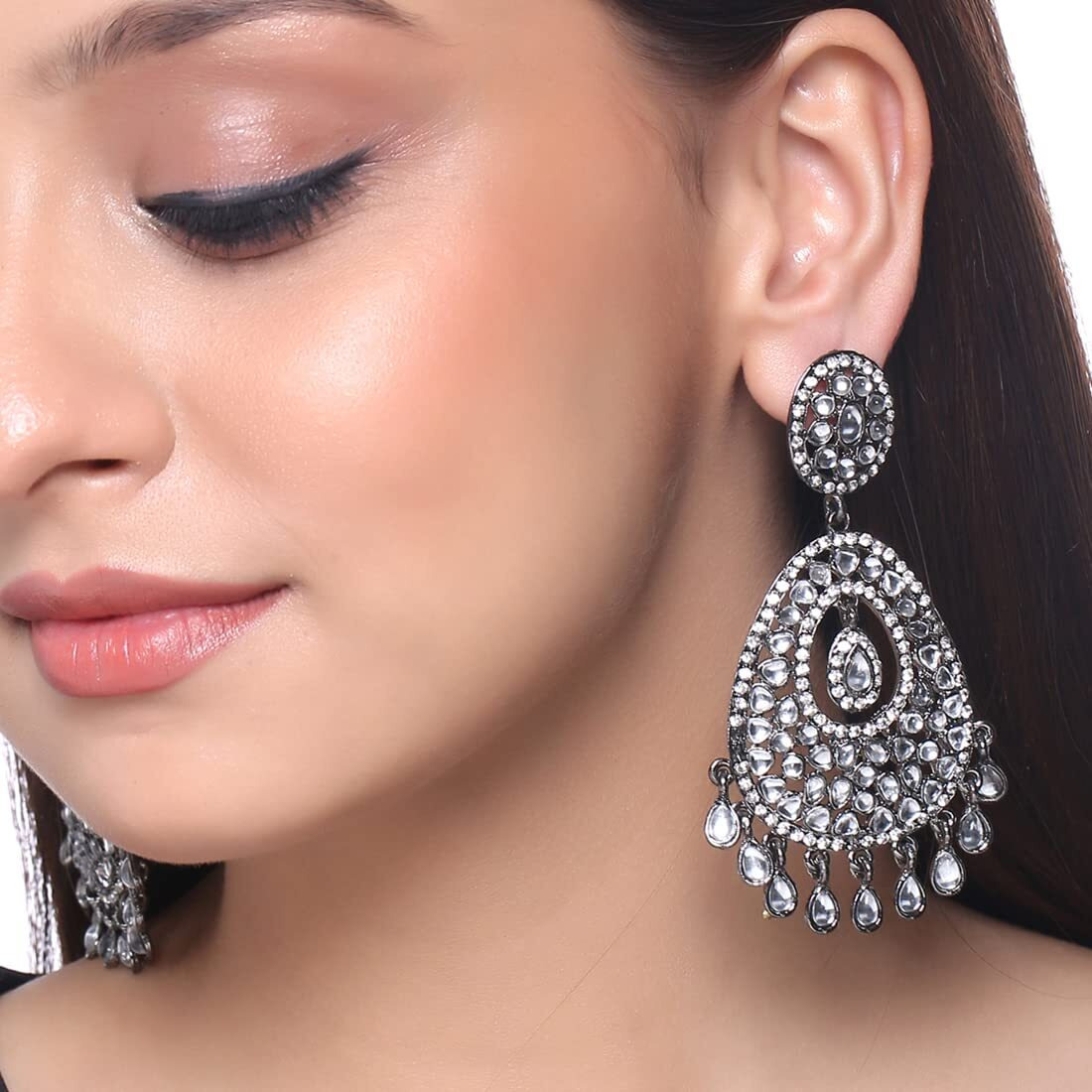 Yellow Chimes Danglers Earrings for Women Kundan Earrings Ethnic Black Gun Plated Traditional White Stones Dangler Earrings for Women and Girls.