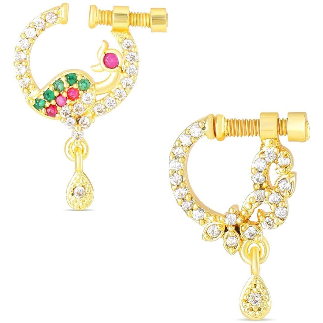 Yellow Chimes Nose Rings for Women Set of 2 Pcs Nosepins Traditional Gold-Plated White & Pink American Diamond Nose Pins for Women and Girls