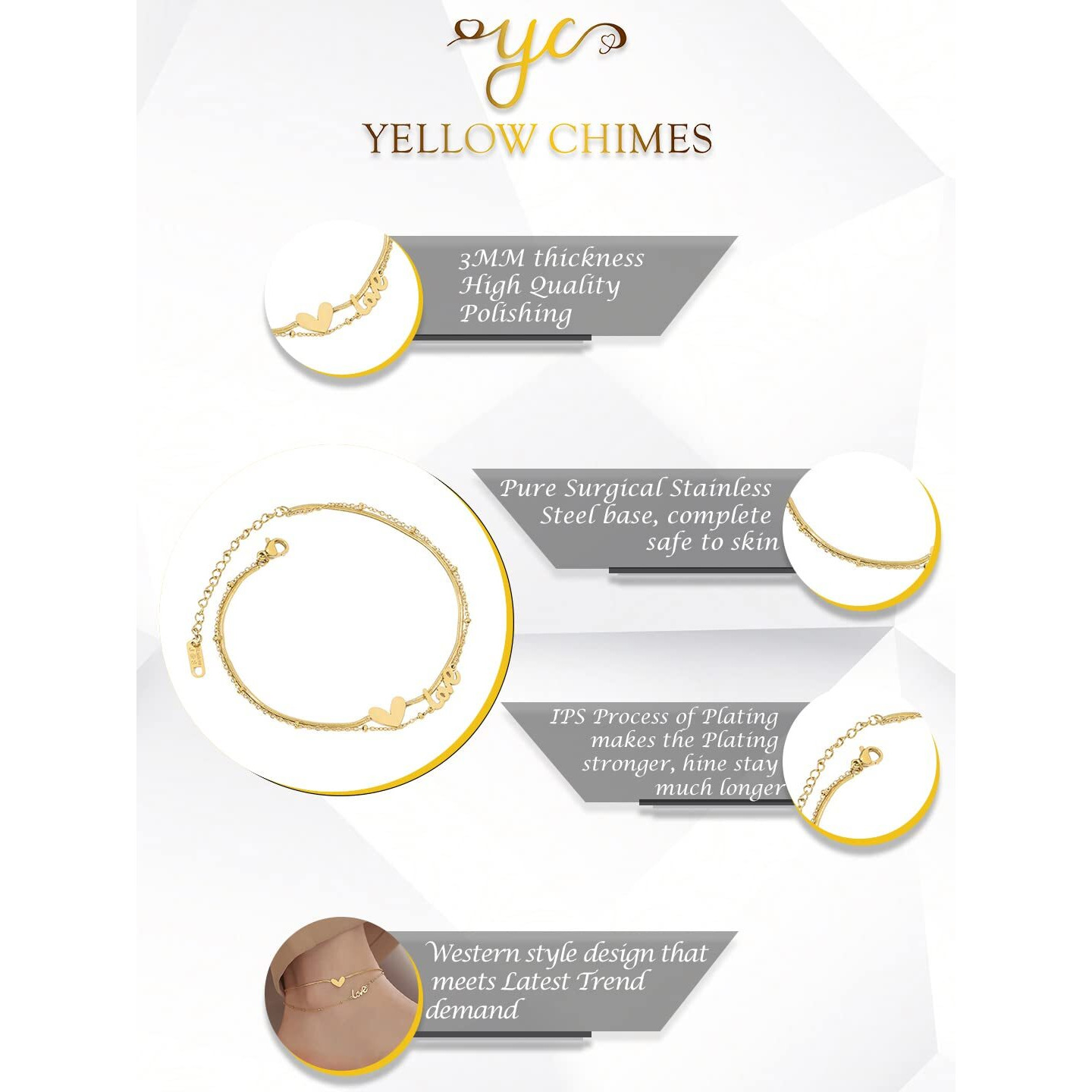 Yellow Chimes Anklets for Women Gold-Plated Layered Love Heart Chain Anklet For Women and Girls