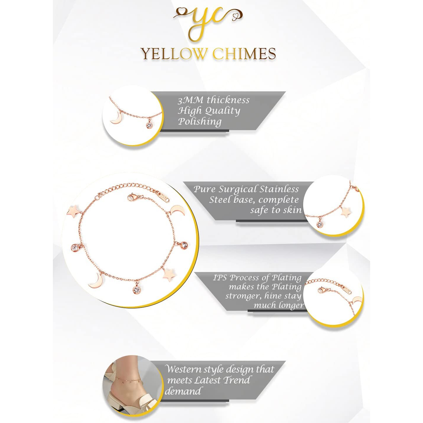 Yellow Chimes Anklets for Women Rose Gold-Plated Stainless Steel Moon & Star Charms Anklet For Women and Girls Valentine Gift for Girls