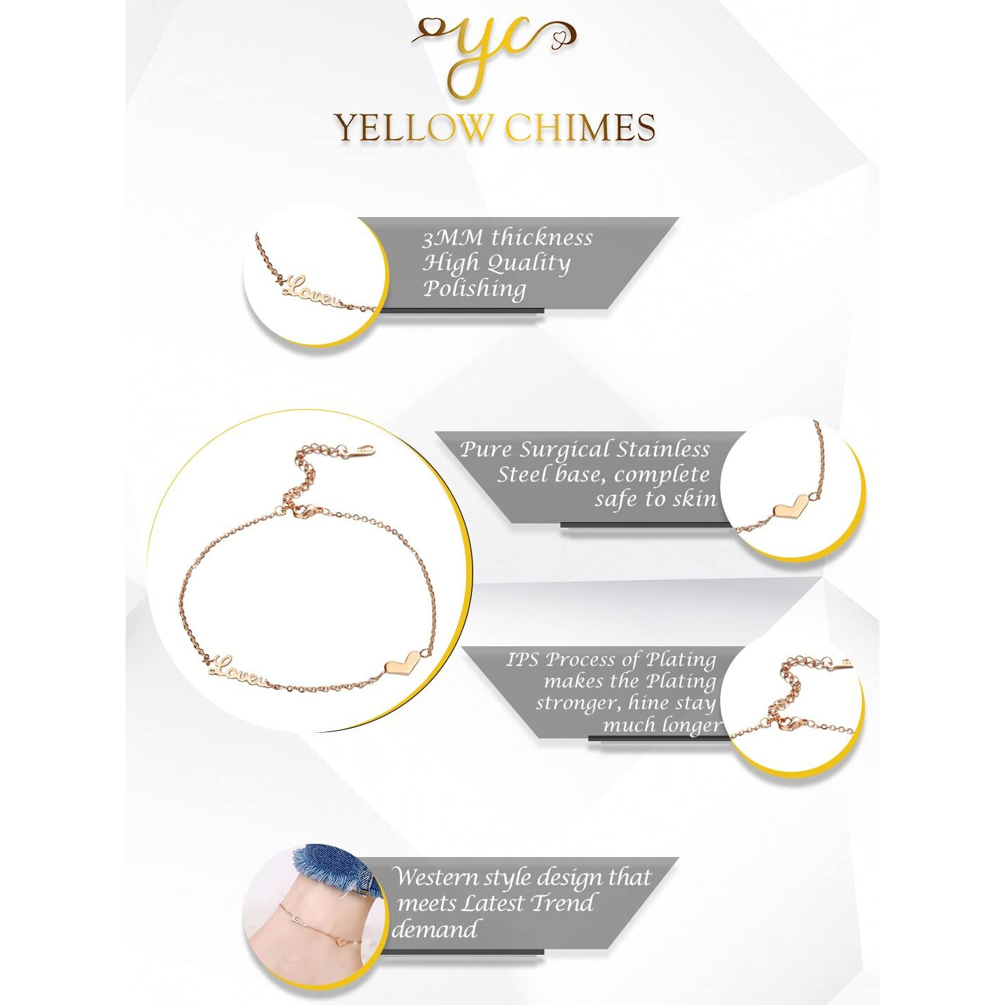 Yellow Chimes Anklets for Women Rose Gold-Plated Stainless Steel Love Heart-Shaped Fashion Anklet For Women and Girls Valentine Gift for Girls