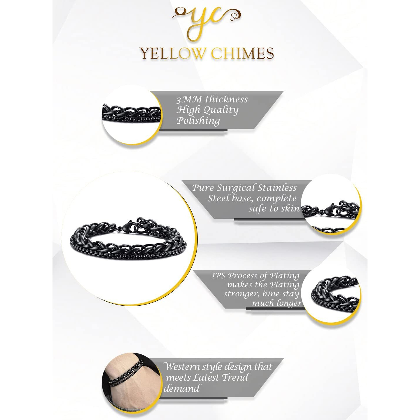 Yellow Chimes Bracelet for Men Stainless Steel Double Layer Figaro Black Chain Bracelet for Men and Boys