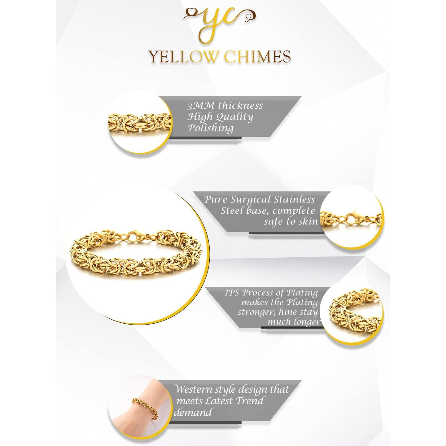 Yellow Chimes Bracelets for Men and Boys Bracelet for Men | Stainless Steel Linked Chain Bracelet | Birthday Gift for Men and Boys Anniversary Gift for Husband (Bracelet 3)
