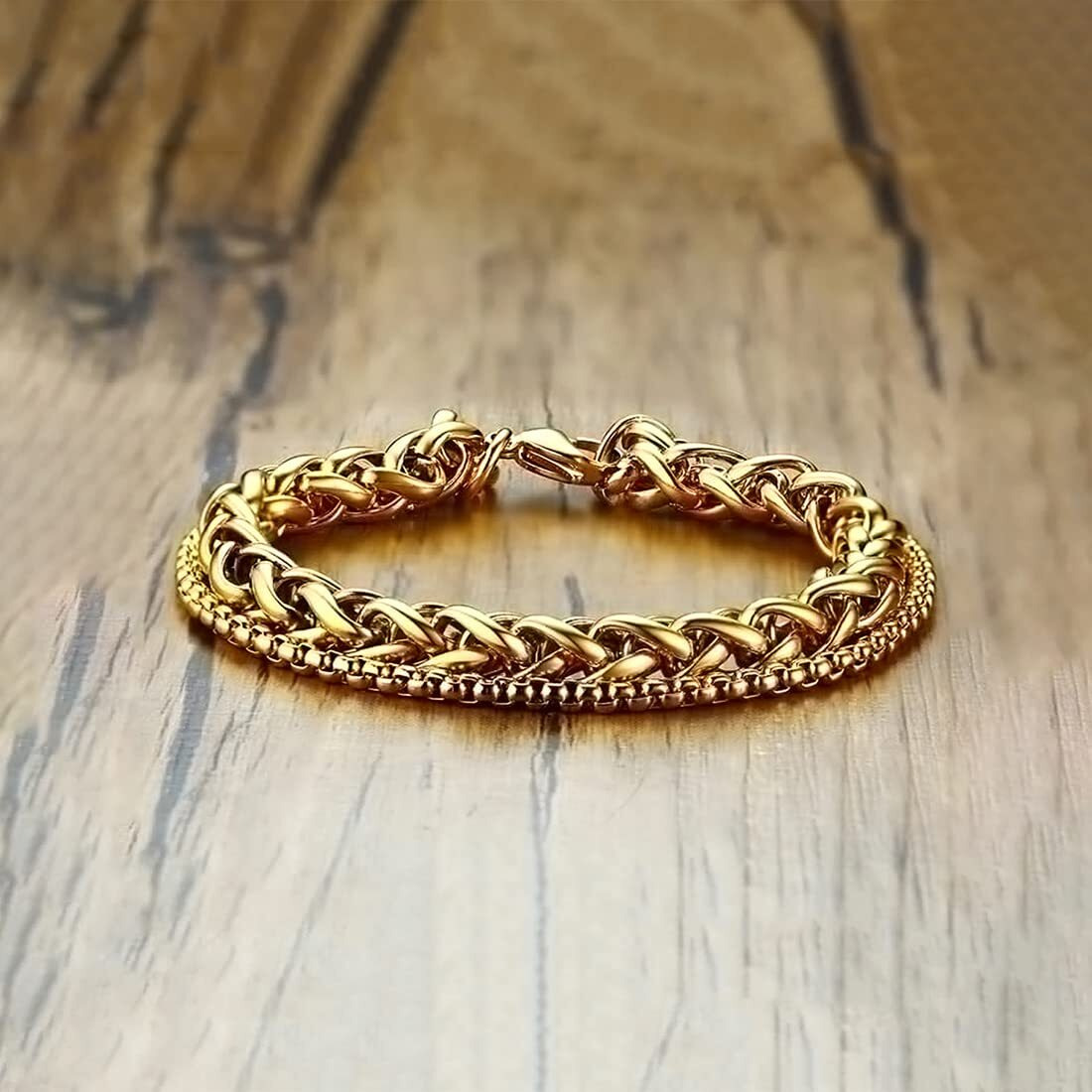 Yellow Chimes Bracelet for Men Stainless Steel Double Layer Figaro Golden Chain Bracelet for Men and Boys