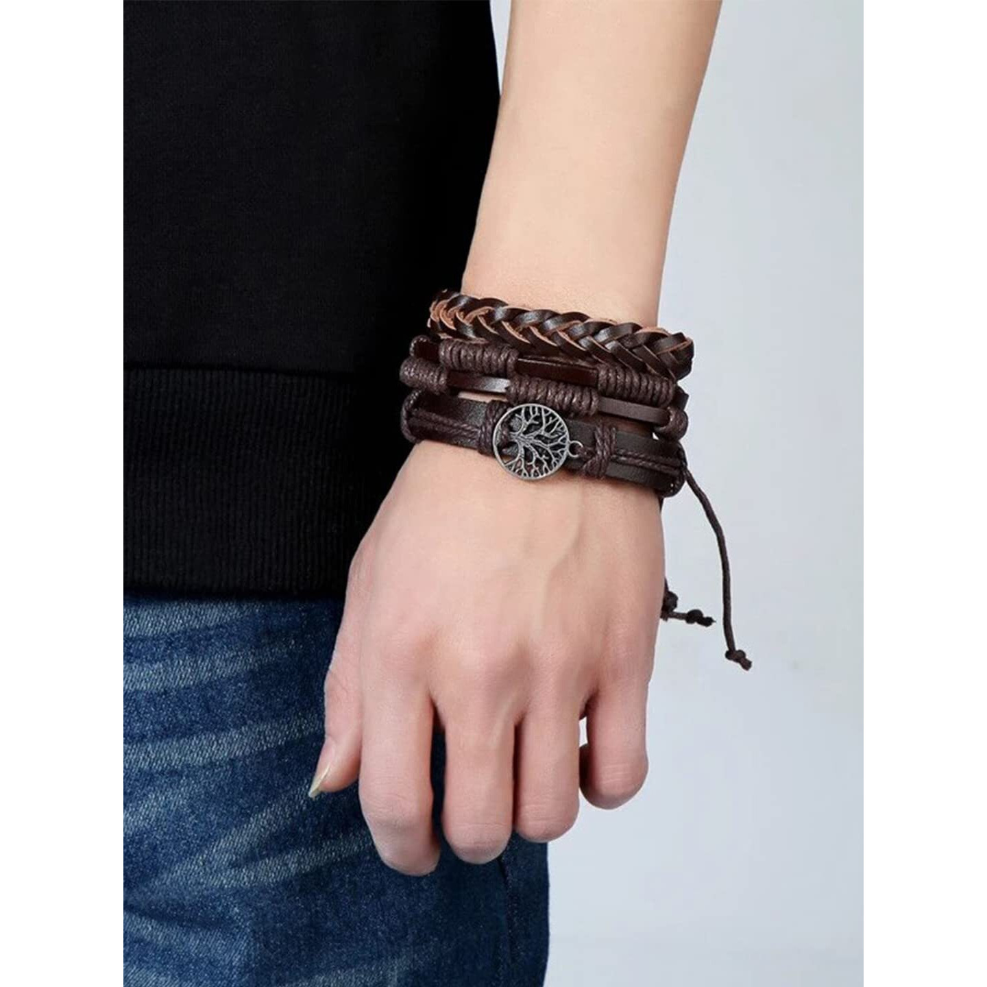 Yellow Chimes Leather Bracelet for Men Wide Brown Color Multi-Layred Leather Wrap,Charm Bracelet Set for Men and Boys