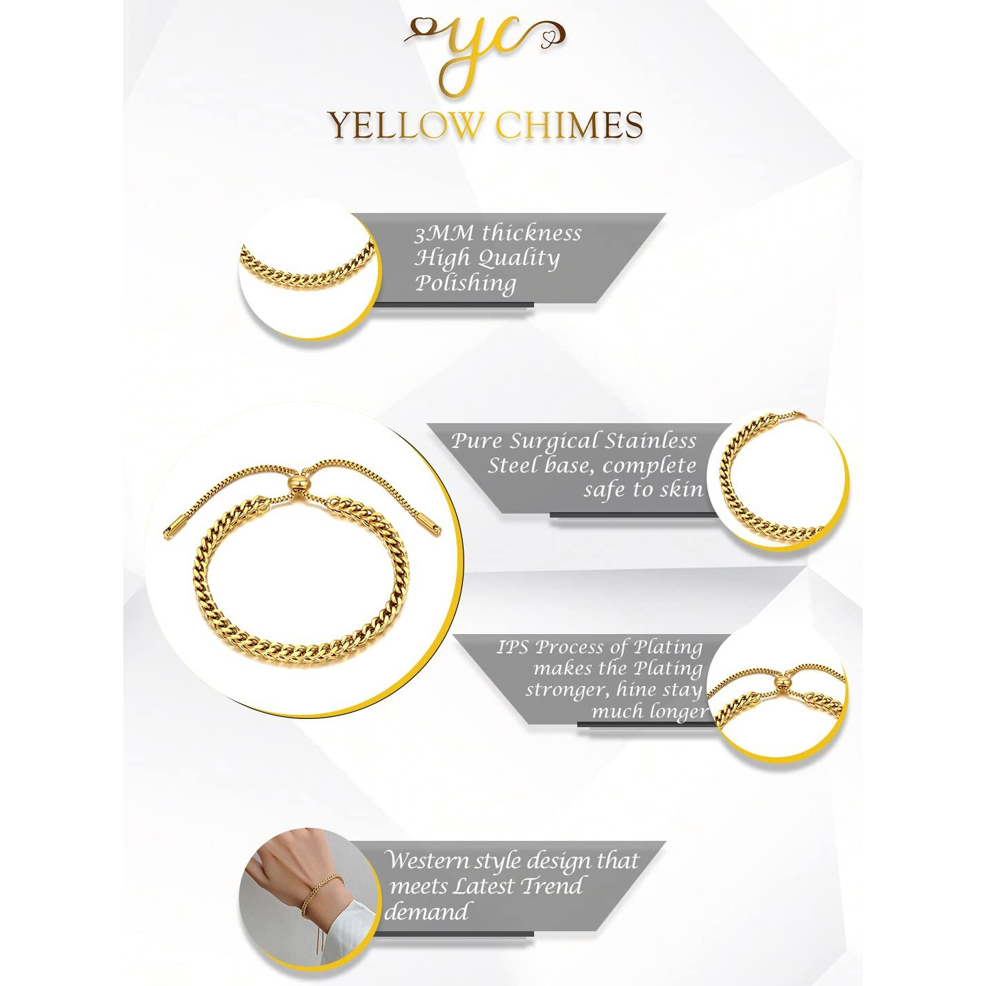 Yellow Chimes Chain Bracelet for Women Gold Plated Adjustable Drawstring Stainless Steel Chain Bracelet for Women and Girls